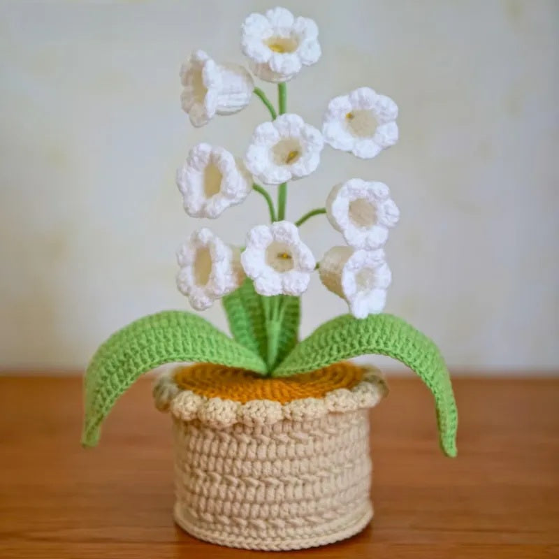 LED Light Crocheted Lily Of The Valley - Glowing Potted Knit Flower Home Ambiance Decor