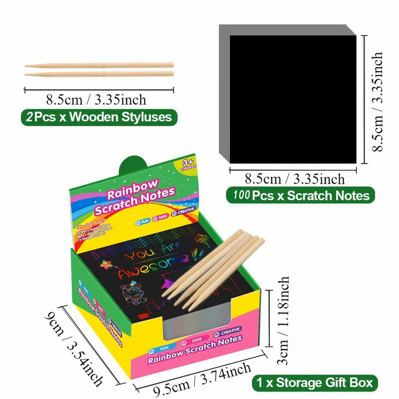 🎨🌈Rainbow Paper Colorful Reflective Paper Mini Notes Artistic Drawing Set(✨100 Pcs & 2Pcs Wooden Styluses)
